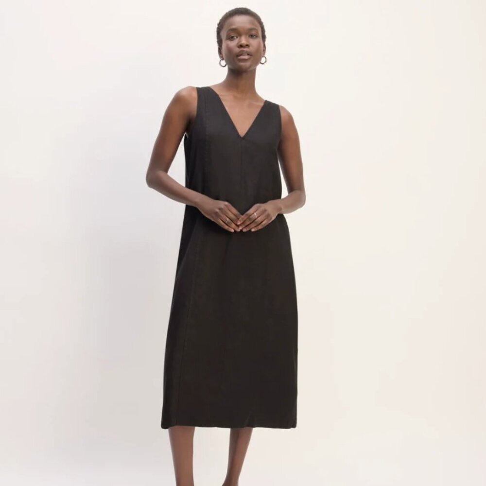 Everlane The Linen V-Neck Midi Dress in Black, Size 4